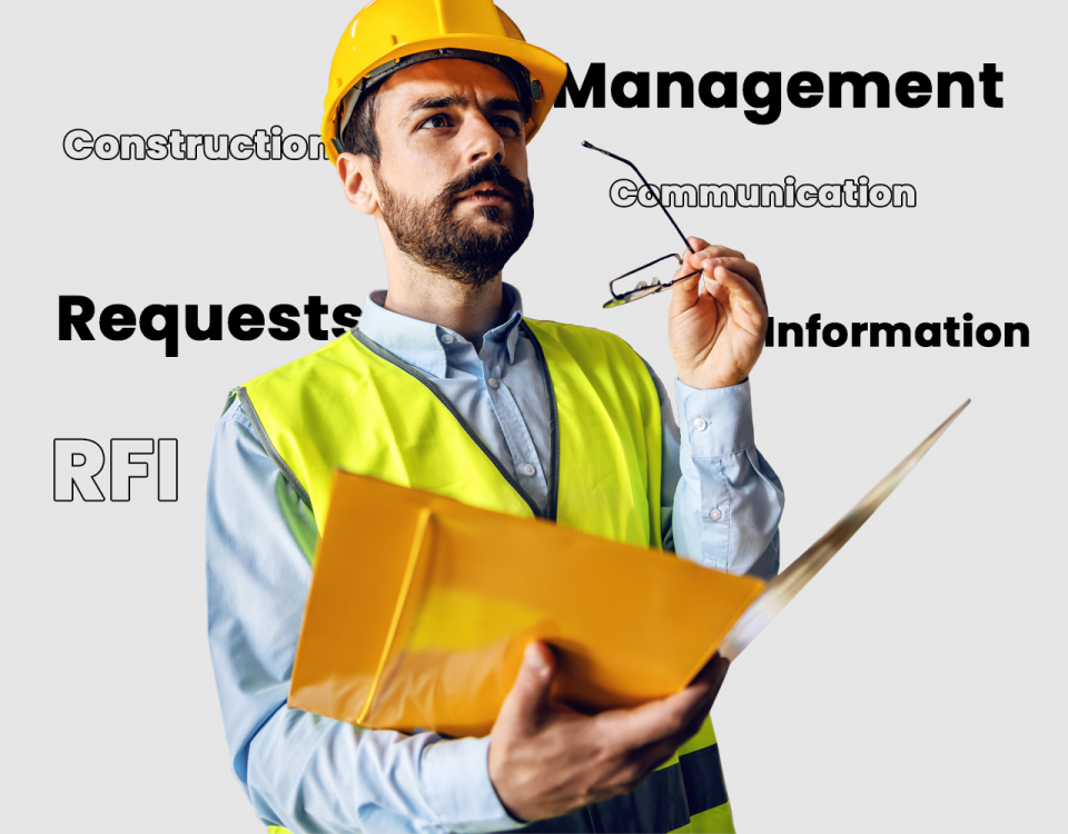 一个建筑工人手里拿着文件，周围写着RFI、沟通、请求、管理和施工。
