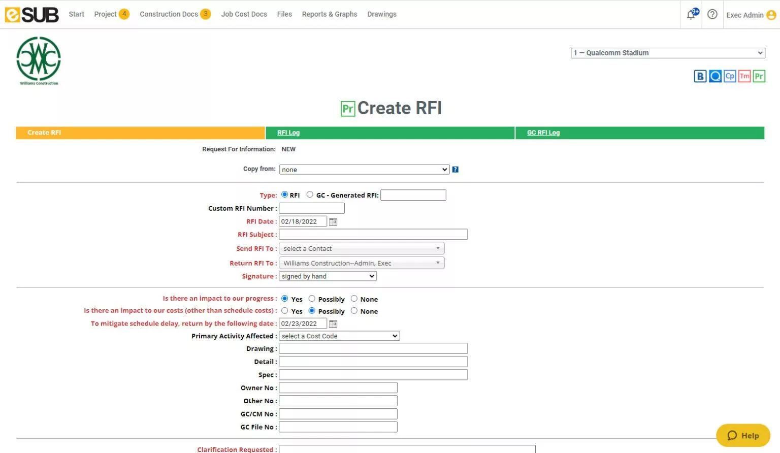 eSUB项目管理应用程序中创建RFI过程中的视图
